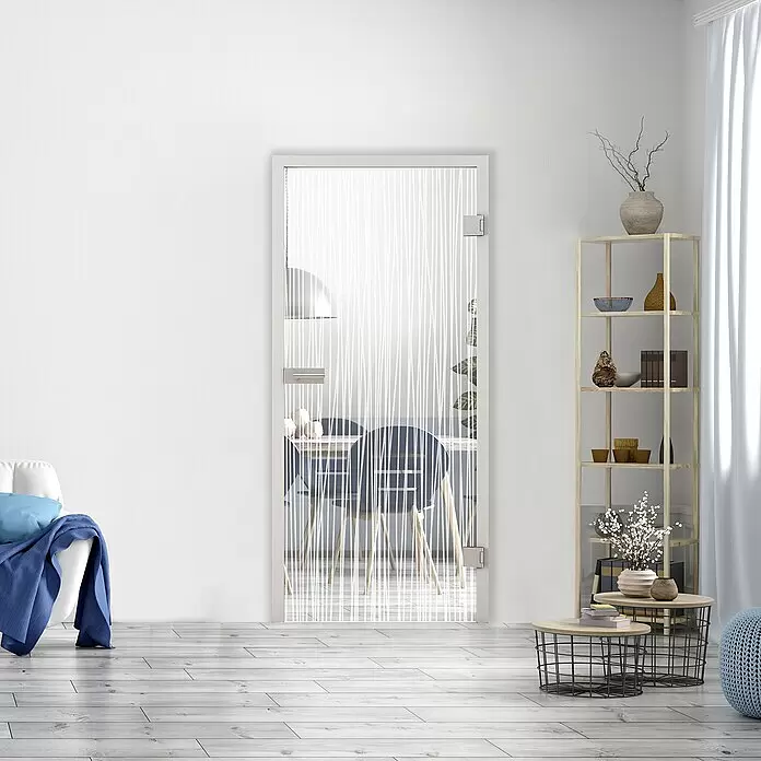 Diamond Doors Glasdrehtür 551 - 834 x 1.972 mm, DIN Anschlag: Rechts, Klarglas - Glastür mit mattierten vertikalen Streifen in einem weißen Rahmen, die Privatsphäre zwischen Räumen bietet.