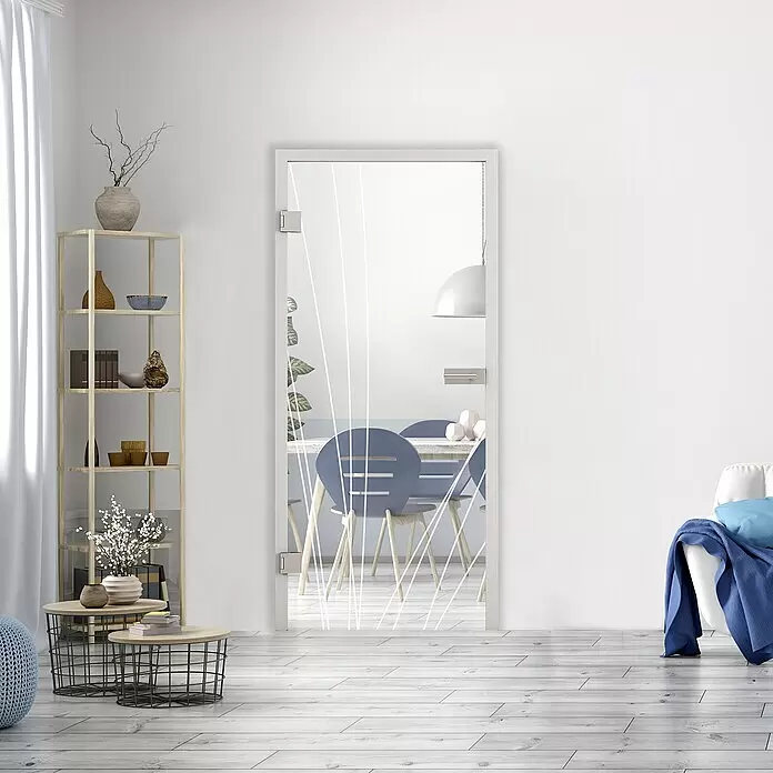Diamond Doors Glasdrehtür 559 - 959 x 1.972 mm, DIN Anschlag: Links, Klarglas - Glastür mit weißem Rahmen, die zwei helle Räume in einem modernen Ambiente verbindet.