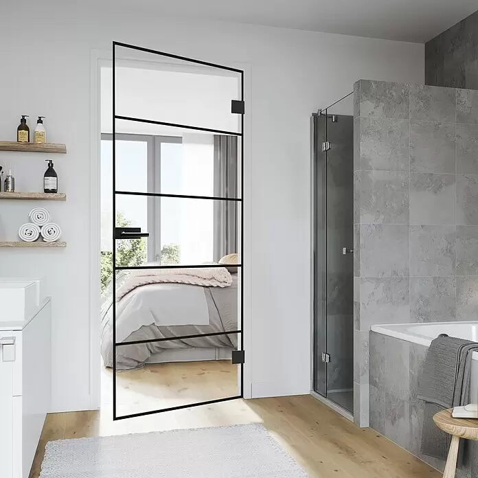 Diamond Doors Black Edition Glasdrehtür Lines - 834 x 1.972 mm, DIN Rechts, Klarglas - Schwarz gerahmte Glastür mit horizontalen Sprossen, die Bad und Schlafzimmer verbindet.