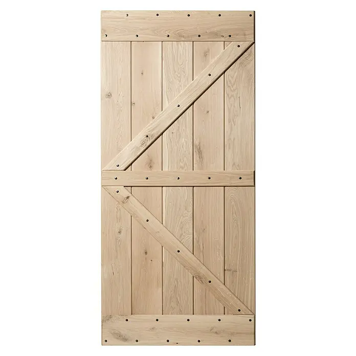 Kornik Holzschiebetür Loft - 96 x 206 cm, Eiche - Rustikale Holztür mit markanter Z-Verstrebung und Beschlägen, ideal für Landhausstil oder als Akzent in modernen Räumen. Ein Hingucker.