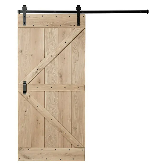 Kornik Holzschiebetür Loft - 96 x 206 cm, Eiche - Eine rustikale Schiebetür aus Holz mit einem schwarzen Schienensystem, perfekt für modernes und traditionelles Interieur.