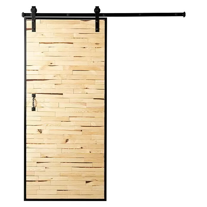 Kornik Holzschiebetür Industrial Eko - 93 x 206 cm, Kiefer - Schiebetür aus hellem Holz mit schwarzen Metallbeschlägen und Schiene.