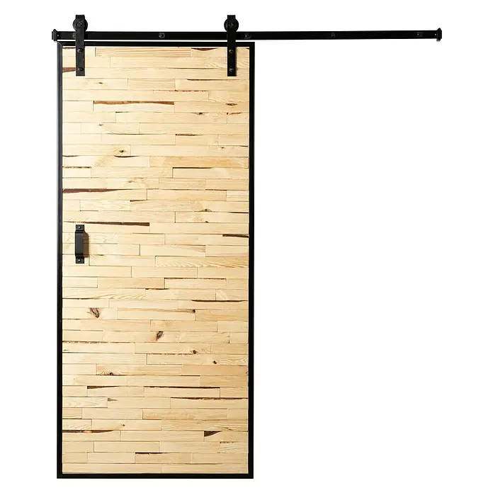 Kornik Holzschiebetür Industrial Eko - 93 x 206 cm, Kiefer - Holzschiebetür mit horizontalen Lamellen und schwarzer Beschlagschiene für moderne Raumgestaltung. Die Tür hat einen stilvollen Griff.