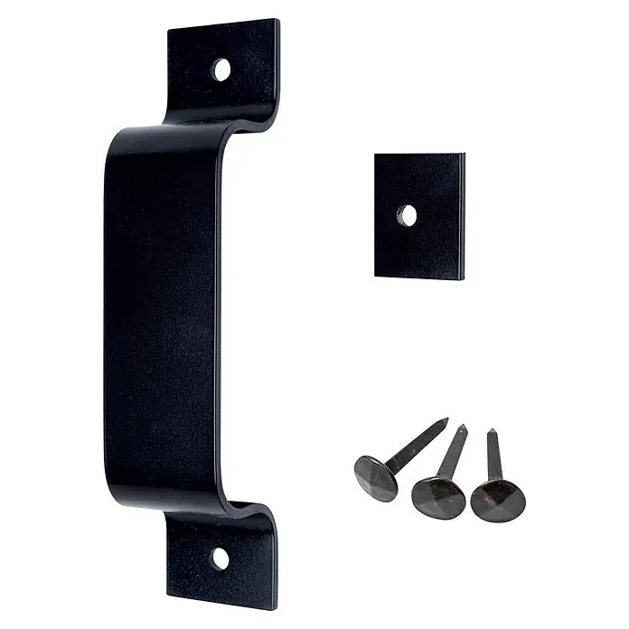 Kornik Griff Loft - Schwarz, 183 x 40 mm - Schwarzer Schubladen- oder Türgriff aus Metall mit Montageplatte und drei dekorativen Nägeln für die Befestigung und Verzierung.