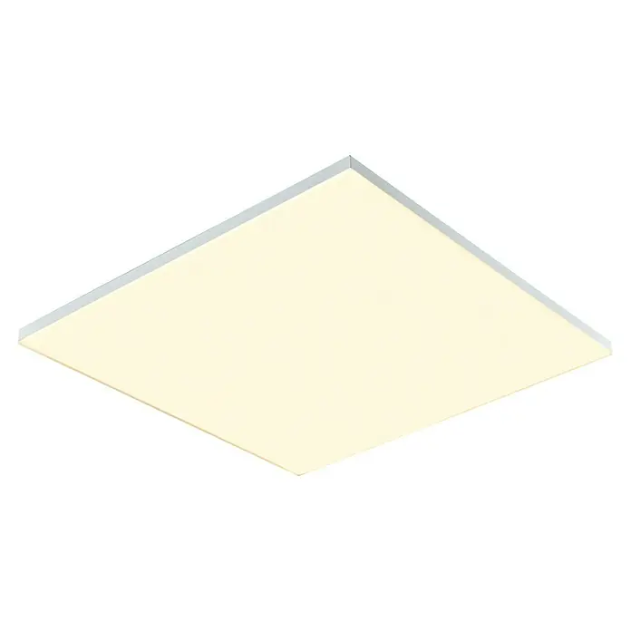 Tween Light LED-Panel Frameless - 33 W, L x B x H: 60 x 60 x 6 cm, Weiß, Mehrfarbig - Nahaufnahme einer quadratischen LED-Deckenleuchte mit silbernem Rahmen, die ein warmes, diffuses Licht ausstrahlt.