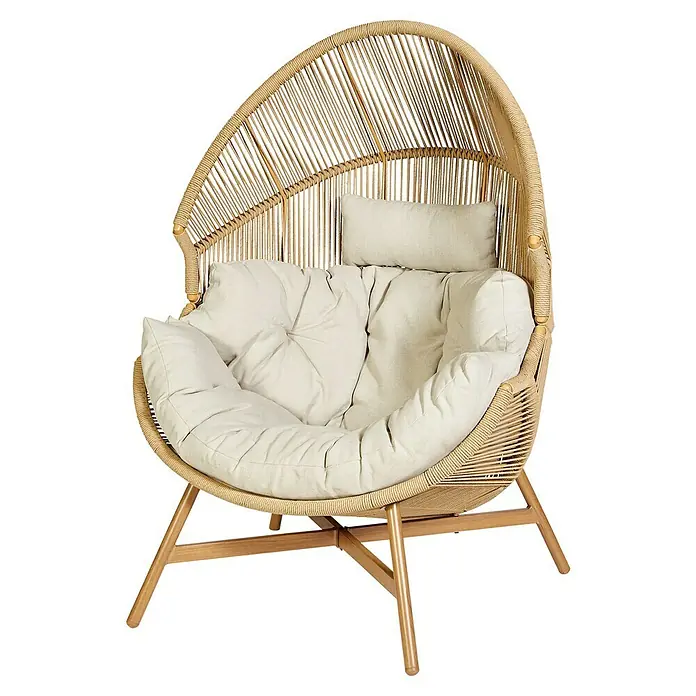 Sunfun Boho Loungemöbel-Set - 2 -tlg., Kunststoffgeflecht/Beton, Natur/Braun, Mit Auflagen, ohne Zierkissen - Dieser Korbsessel mit bequemen Kissen und einem stabilen Holzgestell lädt zum Entspannen ein. Perfekt für gemütliche Stunden im Innen- oder Außenbereich.