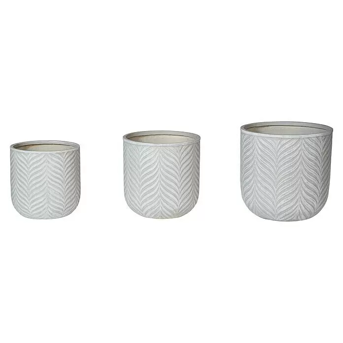 Macetero redondo Birmingham - Dimensiones externas (Ø x Al): 45 x 45 cm, Material compuesto, Crema - Juego de tres maceteros gris claro texturizados con patrón de hojas en relieve, de varios tamaños.
