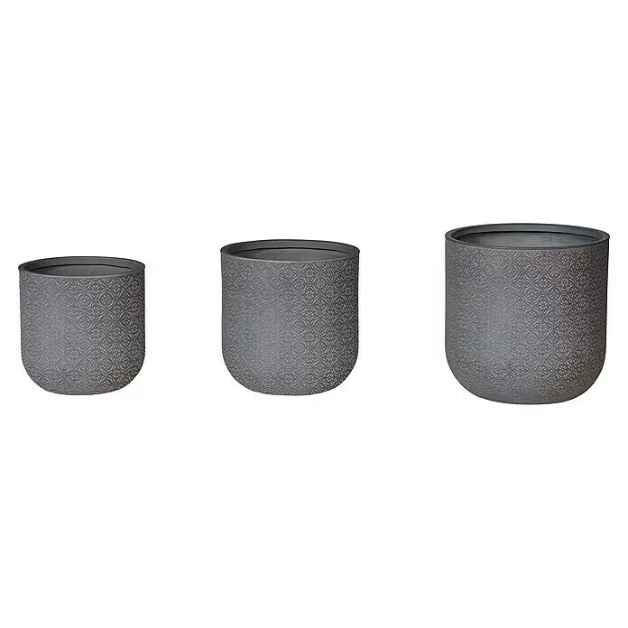Macetero redondo Birmingham - Dimensiones externas (Ø x Al): 40 x 40 cm, Material compuesto, Gris - Tres maceteros cilíndricos gris oscuro con diseño.