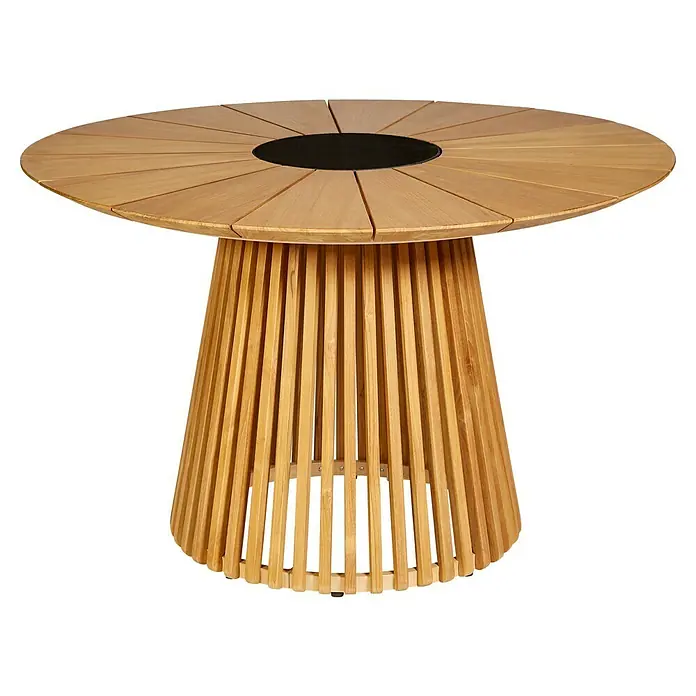 Sunfun Gartenmöbel-Set Osby/Maja - 6 -tlg., Teak/Aluminium/Stahl/Seilgeflecht, Teak/Grau/Beige - Dieser runde Bartisch aus Holz ist mit einem schwarzen Mittelteil versehen und steht auf einem Holzfuß. Zeitlos und elegant.