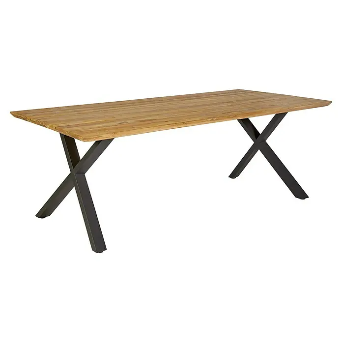 Sunfun Gartentisch - L x B x H: 220 x 100 x 75 cm, Edelstahl, Teak, Natur/Anthrazit, Schweizer Kante/X-Fuß - Holztisch mit Metallgestell im X-Design. Ideal für Esszimmer oder Büro, mit rustikalem Charme und moderner Note.