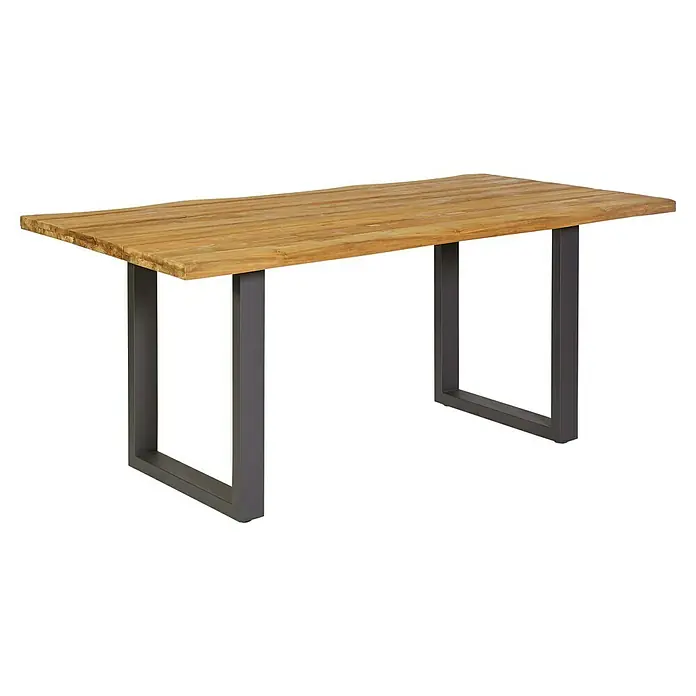 Sunfun Maja Gartenmöbel-Set - 6 -tlg., Baumkante/U-Gestell, Teak/Edelstahl/Kunststofffaser-Schnüre, Teak/Grau - Eleganter Holztisch mit markanter Maserung und grauem Metallgestell, ideal für Esszimmer oder Büro. Robust und stilvoll.