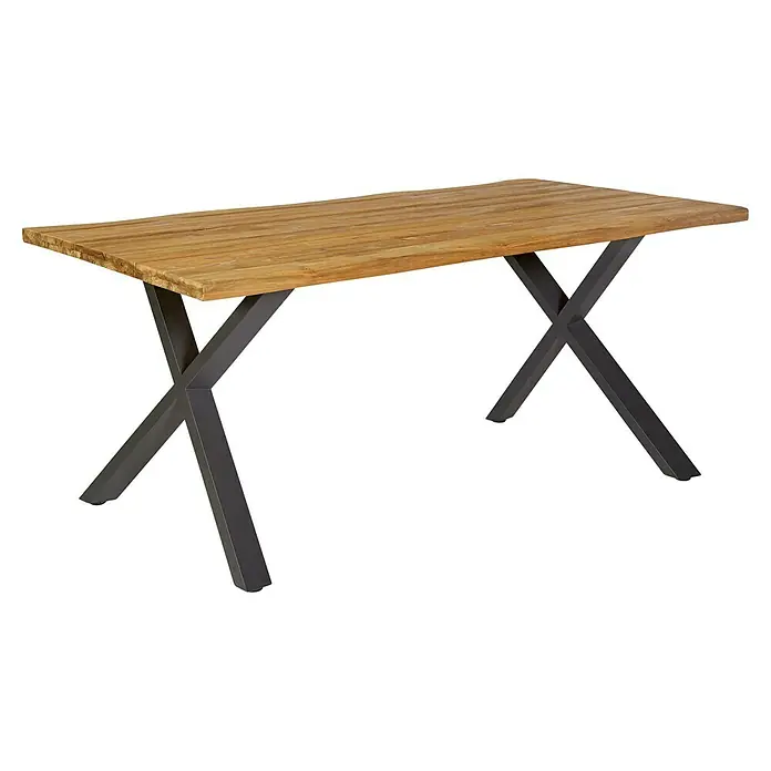 Sunfun Tischbein-Set - X-Form, Edelstahl, Anthrazit - Das Bild zeigt einen modernen Esstisch mit einer hellbraunen Holzplatte und einem X-förmigen, dunkelgrauen Metallgestell. Ein stilvolles Möbelstück.