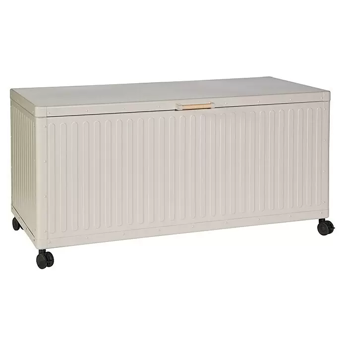 Gartenbox - 164 x 74 x 70 cm, Stahl, Hellgrau - Mobile hellgraue Aufbewahrungsbox mit geriffelten Seiten und Holzgriff.