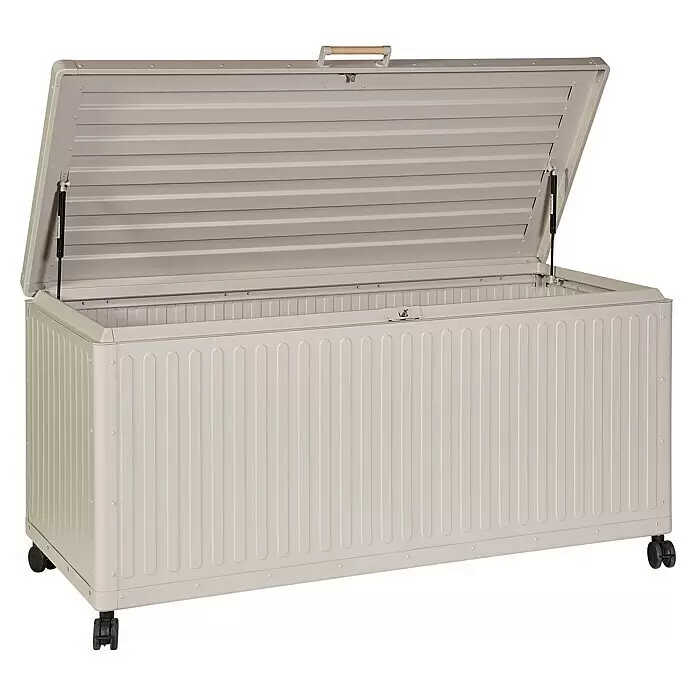 Gartenbox - 164 x 74 x 70 cm, Stahl, Hellgrau - Hellgraue Rollbox mit offenem Deckel, gasfedergestützt, und gerilltem Innenraum.