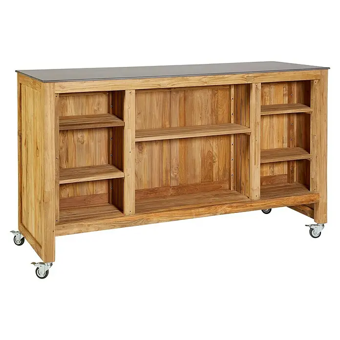Sunfun Zoe Outdoorküchen-Modul Grillbar - Braun, B x T x H: 188 x 67 x 110,2 cm, Teakholz - Das Bild zeigt ein Holzregal mit drei Fächern und Rollen. Das Regal hat eine graue Platte und ist aus hellem Holz gefertigt.