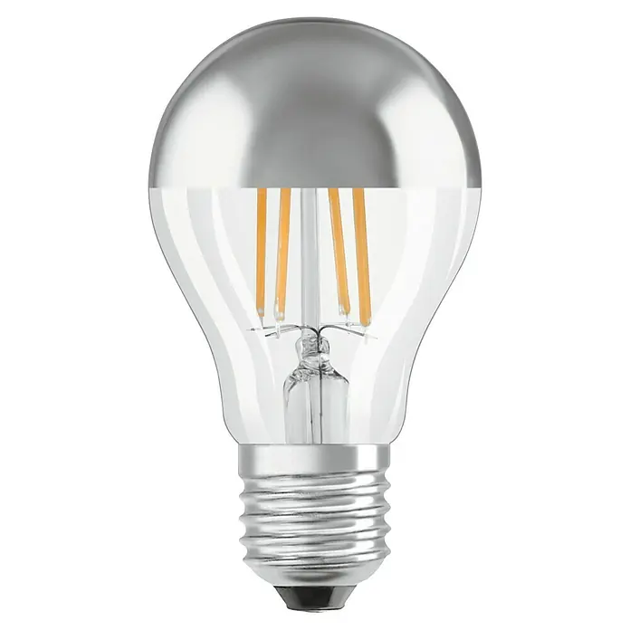 Voltolux Bombilla LED espejo - E27, No regulable, Blanco cálido, 650 lm, 7 W - Primer plano de una bombilla LED Osram espejada. Esta bombilla energéticamente eficiente proporciona luz cálida y es ideal para espacios habitables.