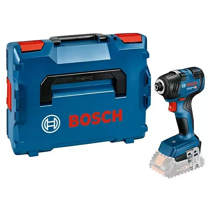 Bosch Professional AMPShare 18V Akku-Drehschlagschrauber GDR 18V-200 - 18 V, Ohne Akku, 200 Nm, L-BOXX - Blaue Bosch L-Boxx Werkzeugkiste neben einem blauen Bosch Schlagschrauber mit ProCORE Akku.
