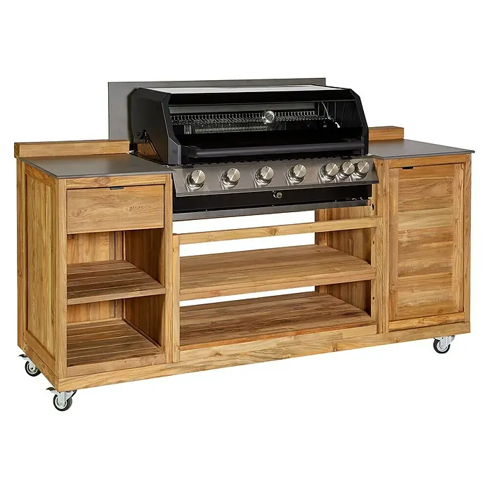 Sunfun Zoe Outdoorküchen-Modul Grillinsel - Braun, B x T x H: 188 x 67 x 96,7 cm, Teakholz - Ein hochwertiger Grill mit Holzkücheninsel, ideal für stilvolles Outdoor-Kochen und Grillen. Aus robustem Holz gefertigt.