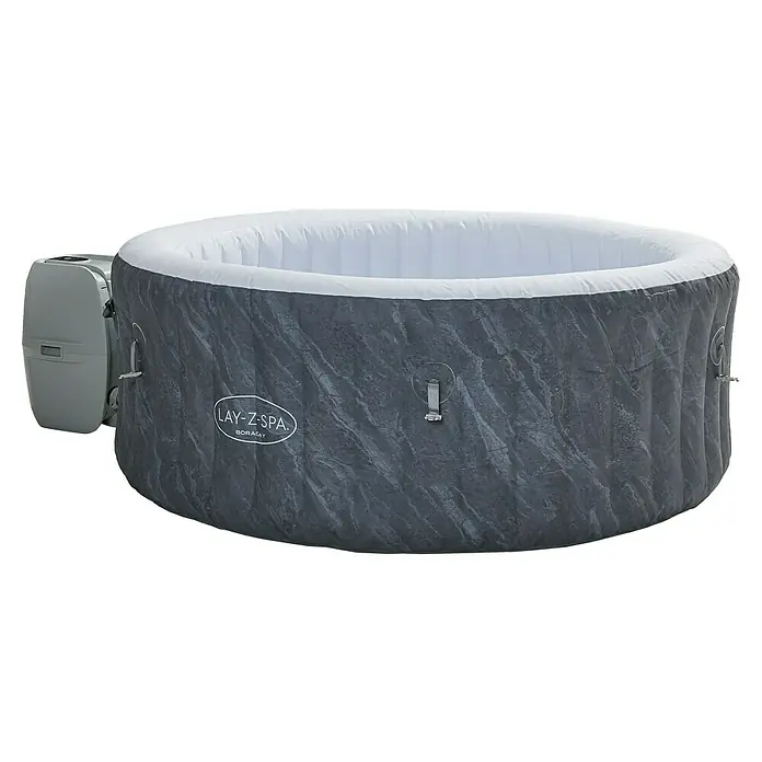 Bestway Lay-Z-Spa Mobil-Whirlpool Boracay Air Jet - Ø x H: 180 x 66 cm, Schwarz, 669 l - Abgebildet ist ein aufblasbarer Lay-Z-Spa Boracay Whirlpool in Grau mit Marmorstruktur und weißer Innenseite, ideal für entspannende Momente.