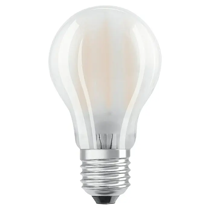 Voltolux LED-Lampe Glühlampenform E27 klar - E27, Nicht Dimmbar, Warmweiß, 806 lm, 7 W, Matt - Nahaufnahme einer klaren, matten LED-Glühbirne mit einem silbernen Sockel.