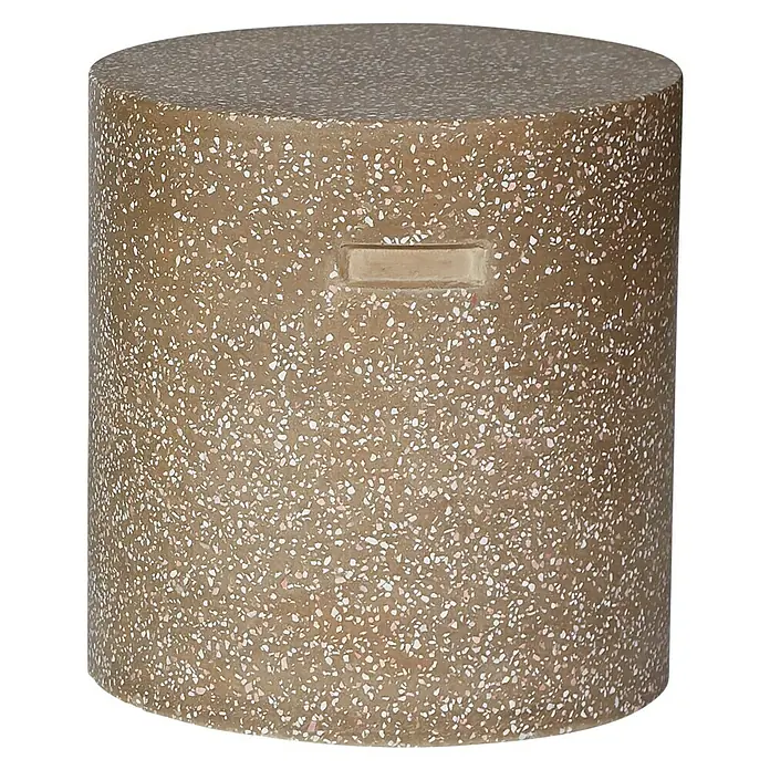 Garten-Beistelltisch rund - Ø x H: 37 x 40 cm, Braun - Nahaufnahme eines Terrazzo-Hockers mit einem eleganten Design und einer glatten Oberfläche. Perfekt als Beistelltisch oder dekoratives Element.