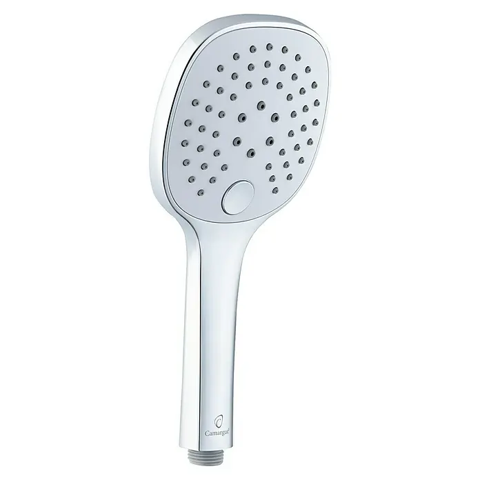Camargue Handbrause Gratl - Anzahl Funktionen: 3 Stk., Chrom - Eine Nahaufnahme eines Camargue Duschkopfes mit rundem Design und polierter Chromoberfläche.