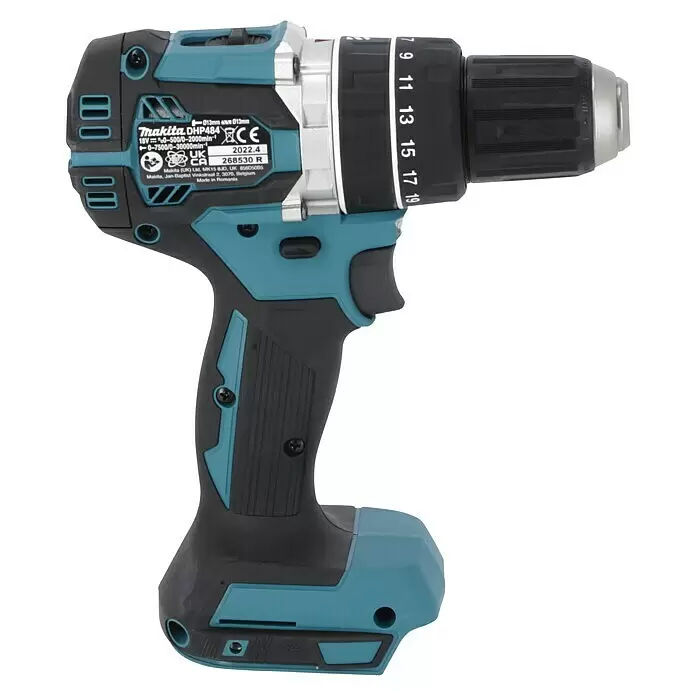 Makita LXT 18V Taladro atornillador percutor de batería DHP484Z - 18 V, Sin batería, 0 Ah, 54 Nm, Número máx. de impactos: 30.000 /min - Taladro percutor inalámbrico Makita DHP484 negro y turquesa, con agarre cómodo y portabrocas ajustable.
