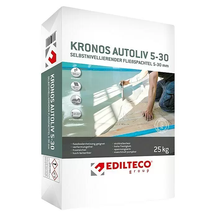 Nivelliermasse Kronos Autoliv - 25 kg, Schichtdicke: 5 mm - 30 mm - Weißer Sack KRONOS AUTOLIV 5-30 selbstnivellierender Fließspachtel, 25 kg, mit Anwendungsdetails und Produktmerkmalen.