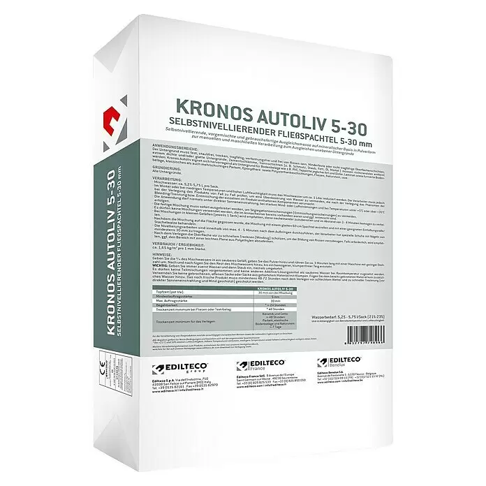 Nivelliermasse Kronos Autoliv - 25 kg, Schichtdicke: 5 mm - 30 mm - Weißer Sack mit Kronos Autoliv 5-30 selbstnivellierendem Fließspachtel für Bodenausgleich, grün-rotes Logo.