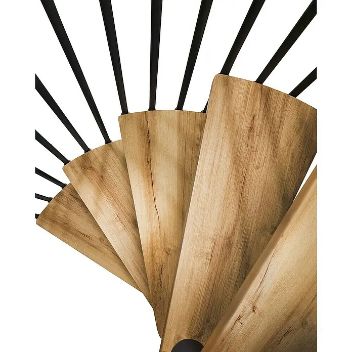 Atrium Spindeltreppe Novo - Farbton Metall: RAL 9005, Durchmesser: 140 cm, Eiche, Geschosshöhe: 271,4 cm - 313,5 cm - Detailaufnahme einer Wendeltreppe mit Holzstufen und schwarzen Geländerstäben. Die Treppe wirkt modern und stilvoll.