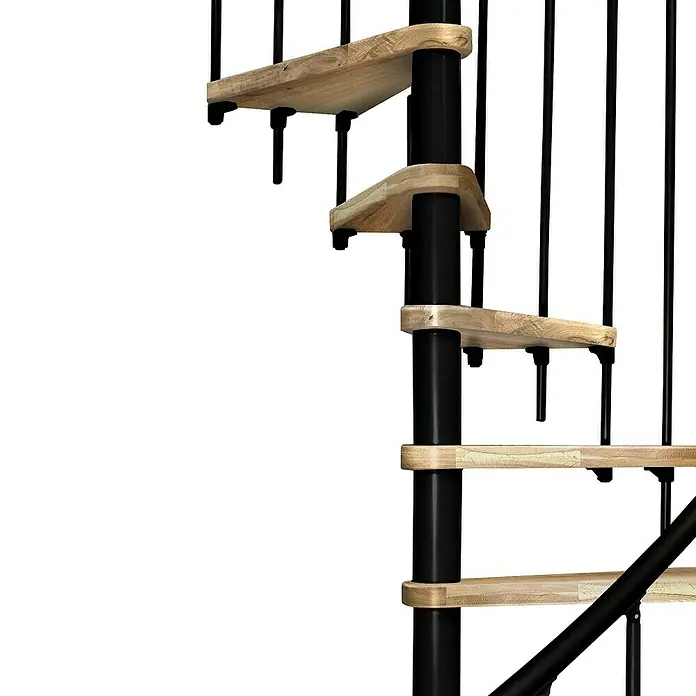 Atrium Spindeltreppe Novo - Farbton Metall: RAL 9005, Durchmesser: 140 cm, Eiche, Geschosshöhe: 271,4 cm - 313,5 cm - Eine elegante Wendeltreppe mit Holzstufen und einem schwarzen Metallgeländer. Das Design ist modern und platzsparend.