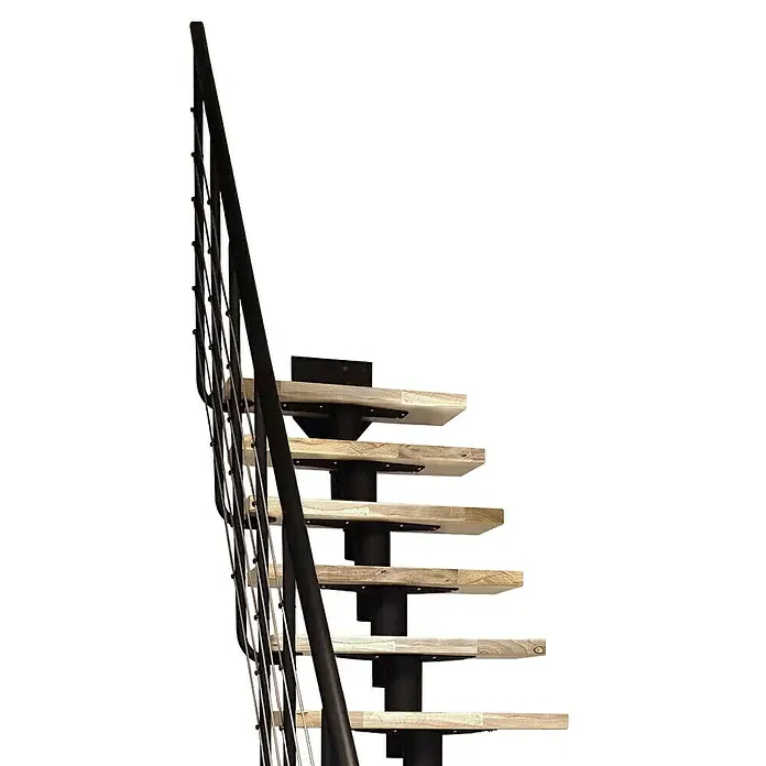 Atrium Mittelholmtreppe Dixi Plus - Farbton Metall: RAL 9005, Breite: 70 cm, Eiche, 1/4-gewendelt, Geschosshöhe: 222 cm - 300 cm - Eine Treppe mit Holzstufen und einem schwarzen Metallgeländer, die sich spiralförmig nach oben windet. Das schlichte Design passt in moderne Innenräume.