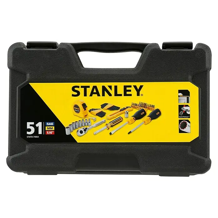Stanley Maletín de herramientas STMT0-74864 - 51 pzs. - Una caja de herramientas Stanley negra con 51 piezas que incluyen destornilladores, enchufes y cinta métrica para una variedad de reparaciones.