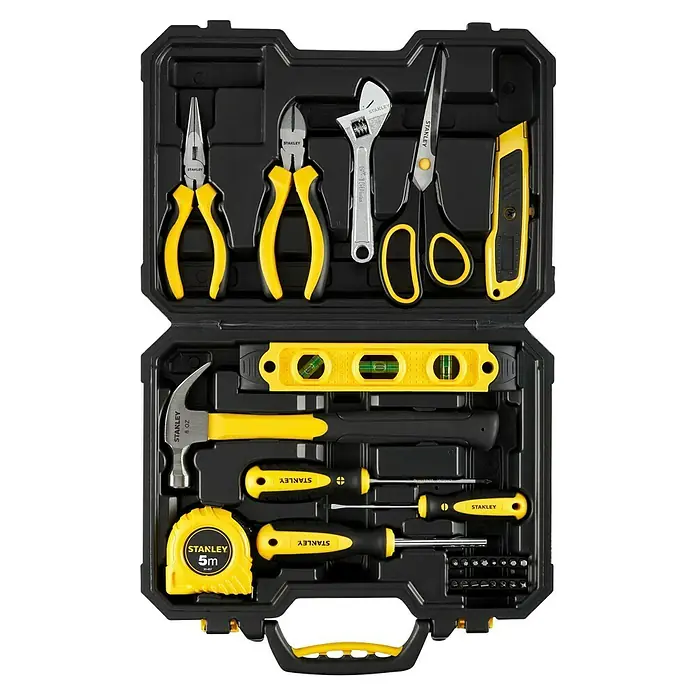 Stanley Maletín de herramientas STHT78050-1 - 28 pzs. - Caja de herramientas que muestra una colección de herramientas Stanley amarillas y negras, incluyendo un martillo, destornilladores y alicates para aficionados al bricolaje y profesionales.