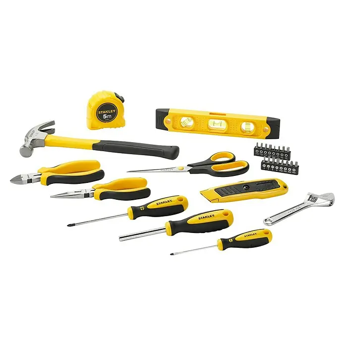 Stanley Maletín de herramientas STHT78050-1 - 28 pzs. - Una variada gama de herramientas Stanley, que incluye martillo, alicates, destornilladores, cinta métrica y nivel, todo en negro y amarillo.