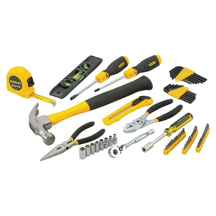 Stanley Maletín de herramientas STMT0-94248 - 65 pzs. - La imagen muestra un surtido de herramientas Stanley, incluyendo un martillo, destornilladores, alicates y cinta métrica, perfecto para proyectos de bricolaje.