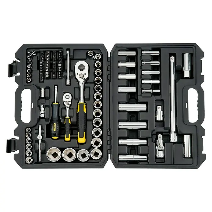 Stanley Maletín de herramientas STMT17379-1 - 96 pzs. - Juego de herramientas con varios vasos, destornilladores y extensiones, perfectamente organizado en una caja negra.