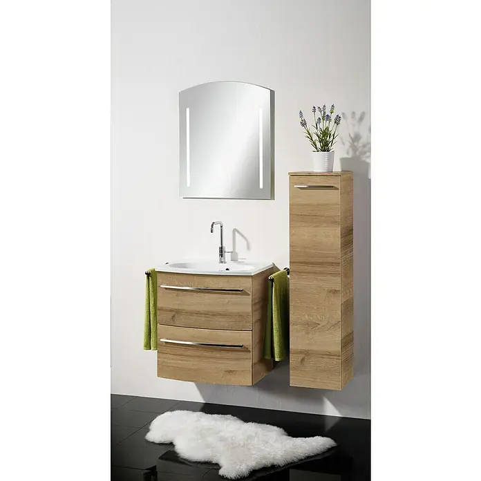 Camargue Swing Waschtischunterschrank - 59,2 x 44,1 x 63 cm, Berg Eiche - Elegantes Badezimmer-Ensemble mit Waschtischunterschrank, Spiegelschrank und Hochschrank in Holzoptik.