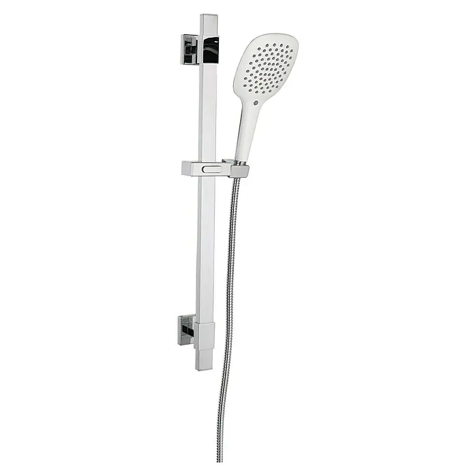 Mixomat Brausegarnitur Gulfoss - Art Strahl: Sanfter Duschregen, Chrom/Weiß - Duschkopf mit Brausestange. Das Produkt hat eine verchromte Oberfläche und einen weißen Duschkopf mit quadratischem Design.