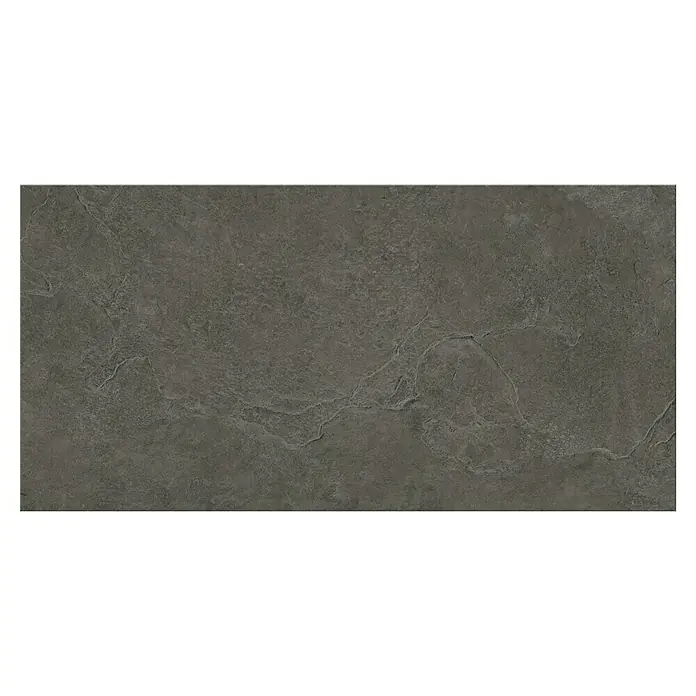 Feinsteinzeugfliese Ardezia - 29,8 x 59,8 cm, Graphite, Matt - Nahaufnahme einer grauen Steinplatte mit subtilen Texturen, ideal für moderne Interieurs. Elegantes Design mit natürlicher Anmutung.