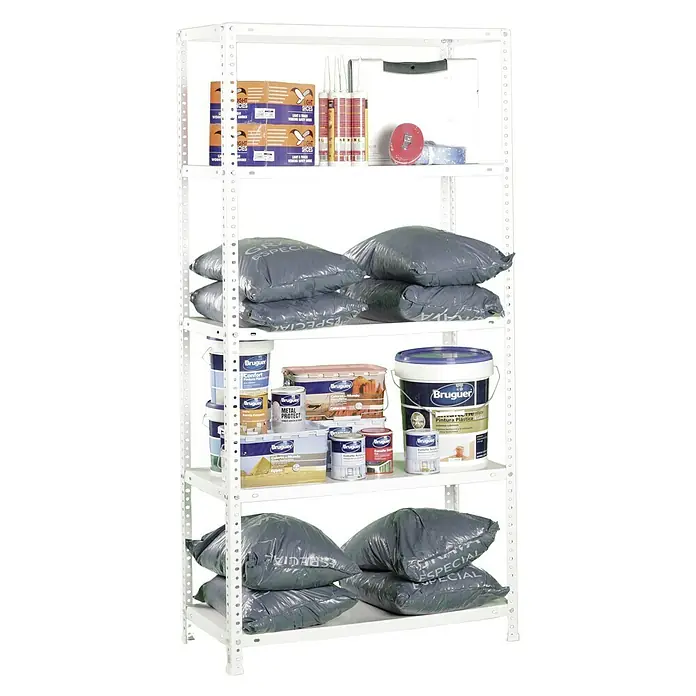 Simonrack Simonclassic Metallregal Comfort Plus - H x B x T: 200 x 100 x 40 cm, Traglast pro Boden: 100 kg, Anzahl Böden: 5 Stk., Schrauben, Weiß - Regaleinheit mit Farbdosen, Säcken und Werkzeugen. Ideal für die Organisation von Werkstatt oder Lagerraum mit viel Stauraum.