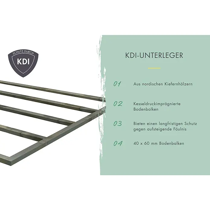 Karibu Gartenhaus Pluto 7 B - Außenmaß inkl. Dachüberstand (B x T): 390 x 273 cm, Holz, Terragrau/Weiß - Bild eines KDI-Unterlegers aus nordischem Kiefernholz, kesseldruckimprägniert, der langfristigen Schutz gegen aufsteigende Fäulnis bietet.