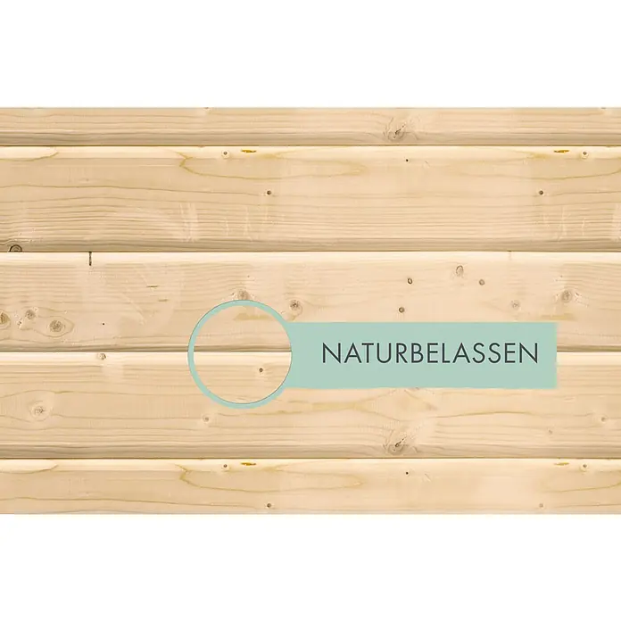 Karibu Fußboden - Passend für: Geräte- und Gartenhäuser mit 4,9 x 3,1 m Sockelmaß - Nahaufnahme von unbehandelten Holzbrettern mit natürlicher Maserung und Text.
