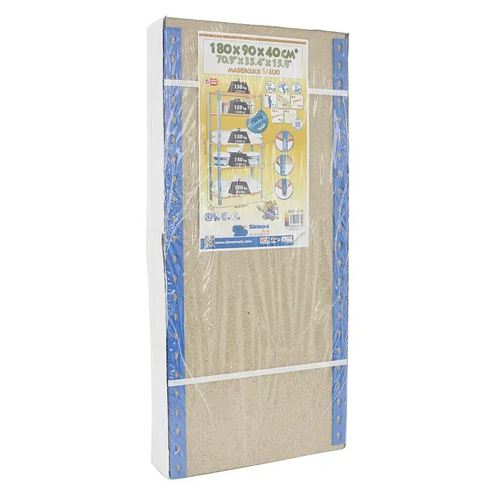 Simonrack Maderclick Metallregal Maderclick Plus - H x B x T: 200 x 100 x 40 cm, Traglast pro Boden: 150 kg, Anzahl Böden: 5 Stk., Stecken, Silber - Verpackte Simonrack Schwerlastregal-Einheit, 180x90x40cm, ideal für Lagerung und Organisation in Werkstatt oder Garage.
