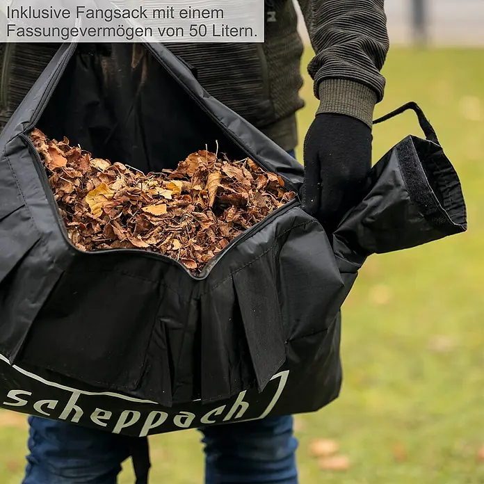 Scheppach Benzin-Laubsauger & -Laubbläser LBH3500P - 0,9 kW, Blasgeschwindigkeit: 84 m/s, Blasleistung: 950 m³/h, Hubraum: 25,4 cm³ - Der Scheppach Fangsack mit 50 Litern Fassungsvermögen, ideal für die Gartenarbeit. Einfache Handhabung und robustes Material.