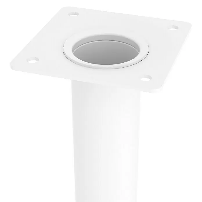Rei Möbelfuß D30 - Ø x H: 3 x 15 cm, Traglast: 150 kg, Stahl, Weiß - Weißer Montagepfosten mit quadratischer Basis, vier Schraublöchern und einer zentralen zylindrischen Öffnung.