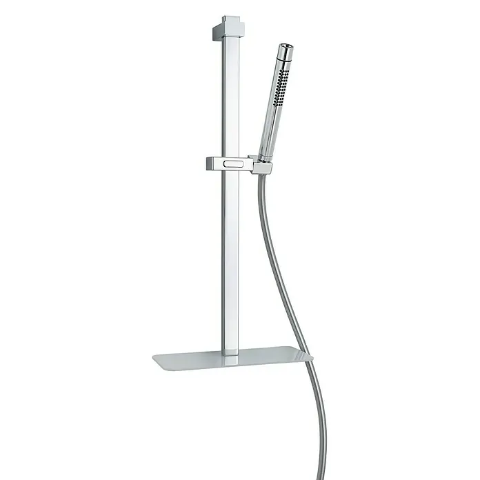 Camargue Brausestange Umbal - Höhe: 65 cm, Mit Ablage, Chrom - Abgebildet ist eine verchromte Duschstange mit Handbrause und Ablagefläche, die ein modernes Badezimmerdesign ergänzt und Funktionalität bietet.