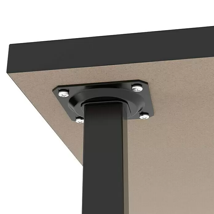 Rei Möbelfuß - L x B x H: 2,5 x 2,5 x 15 cm, Traglast: 150 kg, Stahl, Schwarz - Untersicht eines schwarzen Vierkant-Tischbeins, mit schwarzer Montageplatte und Silberschrauben an beiger Tischplatte befestigt.