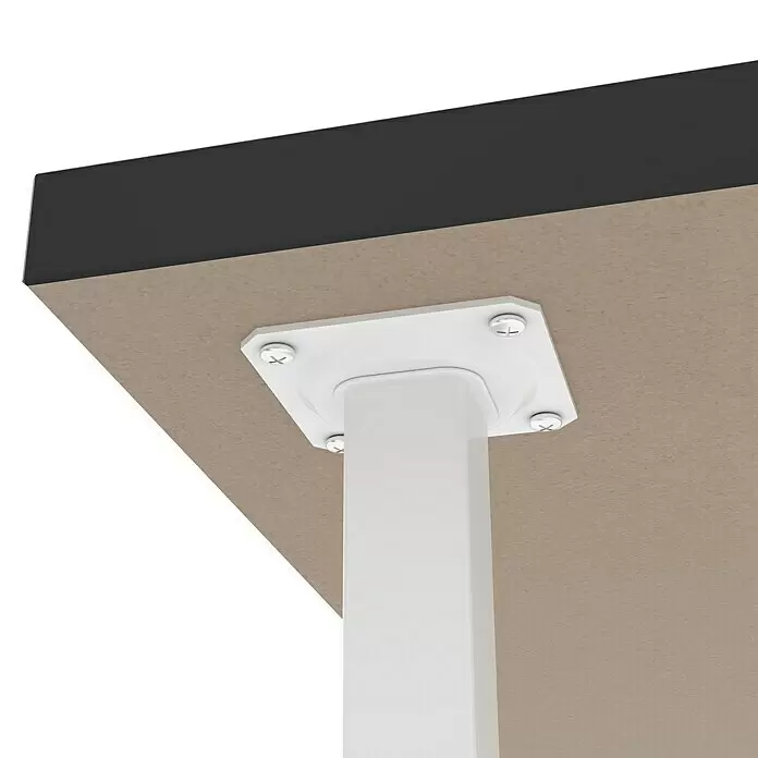 Rei Möbelfuß - L x B x H: 2,5 x 2,5 x 15 cm, Traglast: 150 kg, Stahl, Weiß - Unterseite einer hellbraunen Tischplatte mit dunkelgrauer Kante, weißes Tischbein mit weißer Montageplatte und vier silbernen Kreuzschlitzschrauben befestigt.