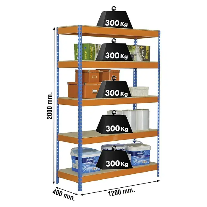 Simonrack Bricoforte Schwerlastregal Bricoforte Chipboard - H x B x T: 200 x 100 x 60 cm, Traglast pro Boden: 300 kg, Anzahl Böden: 5 Stk., Stecken, Blau/Orange - Ein Bild eines Schwerlastregals mit fünf Ebenen, die jeweils mit 300 kg belastet sind und verschiedener Lagerware.